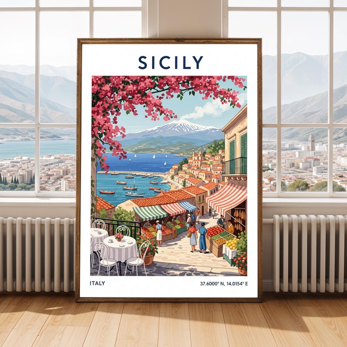 Sicily Seaside Market Mount Etna Bougainvillea Travel Poster Italy