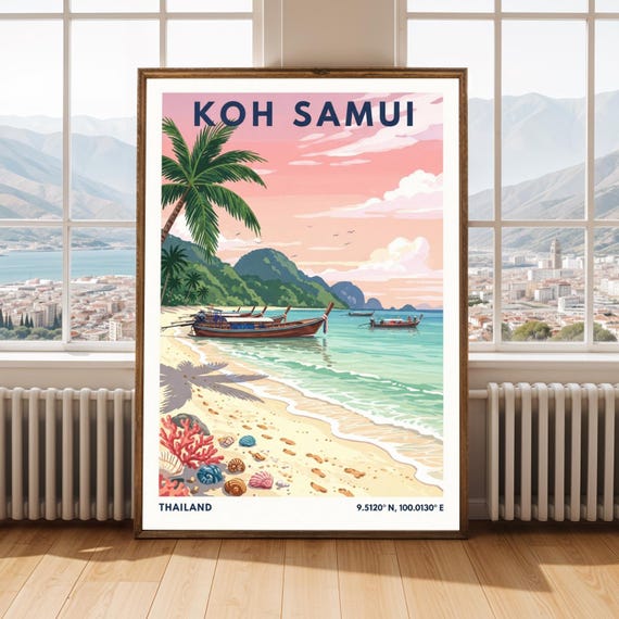 Koh Samui Beach Print Tropical Island Art Pink Sunset