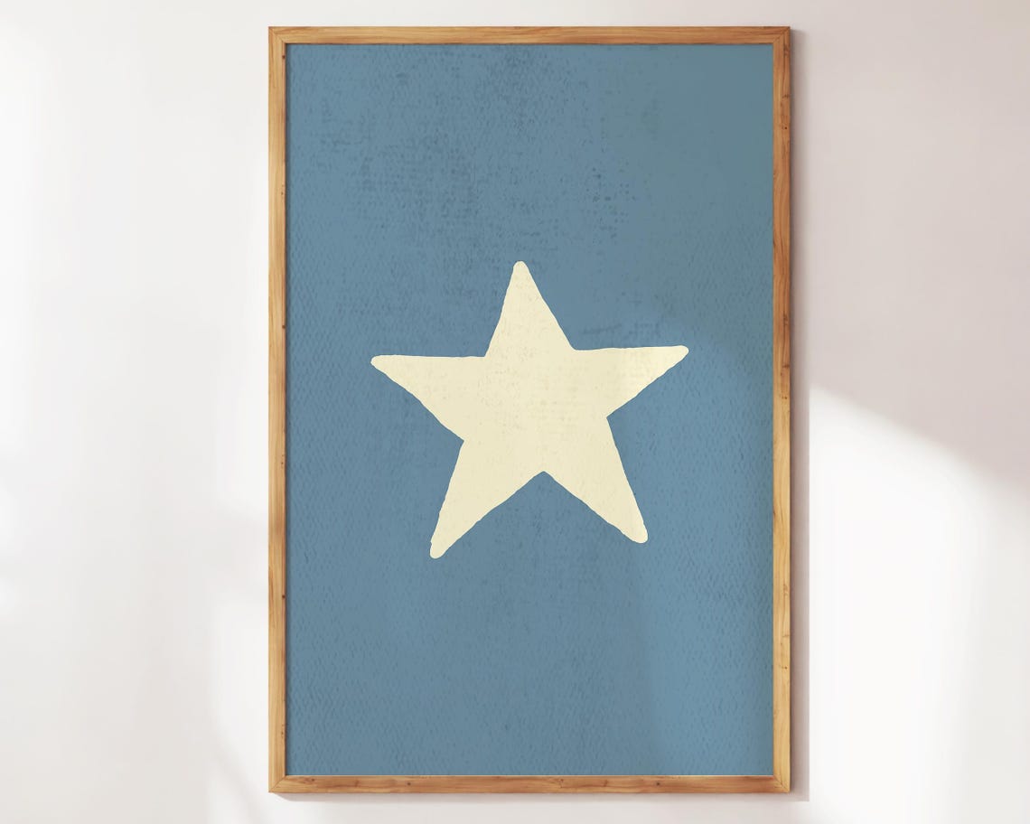 Hand Drawn Cream Star on Dusty Blue Minimalist Nursery Poster