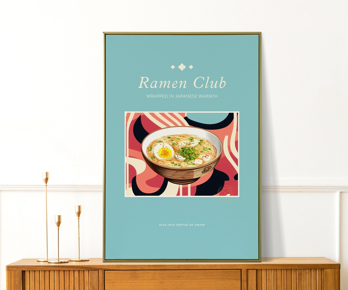 Ramen Club Wrapped in Japanese Warmth Retro Teal Noodle Art Poster