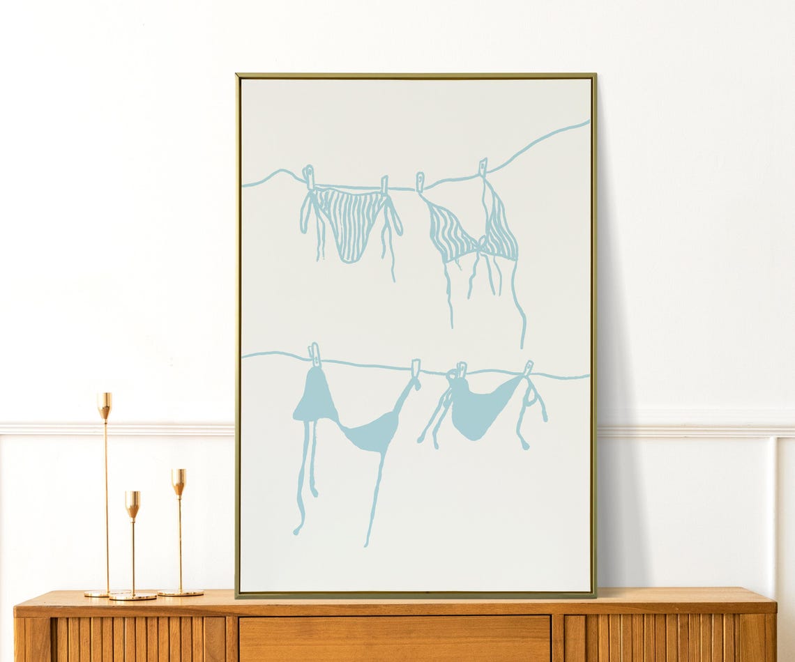 Blue Bikini on Clothesline Minimal Coastal Beach Line Art Poster