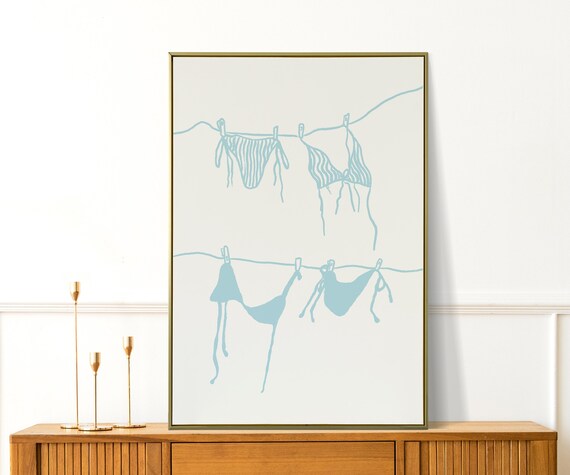 Blue Bikini on Clothesline Minimal Coastal Beach Line Art Poster