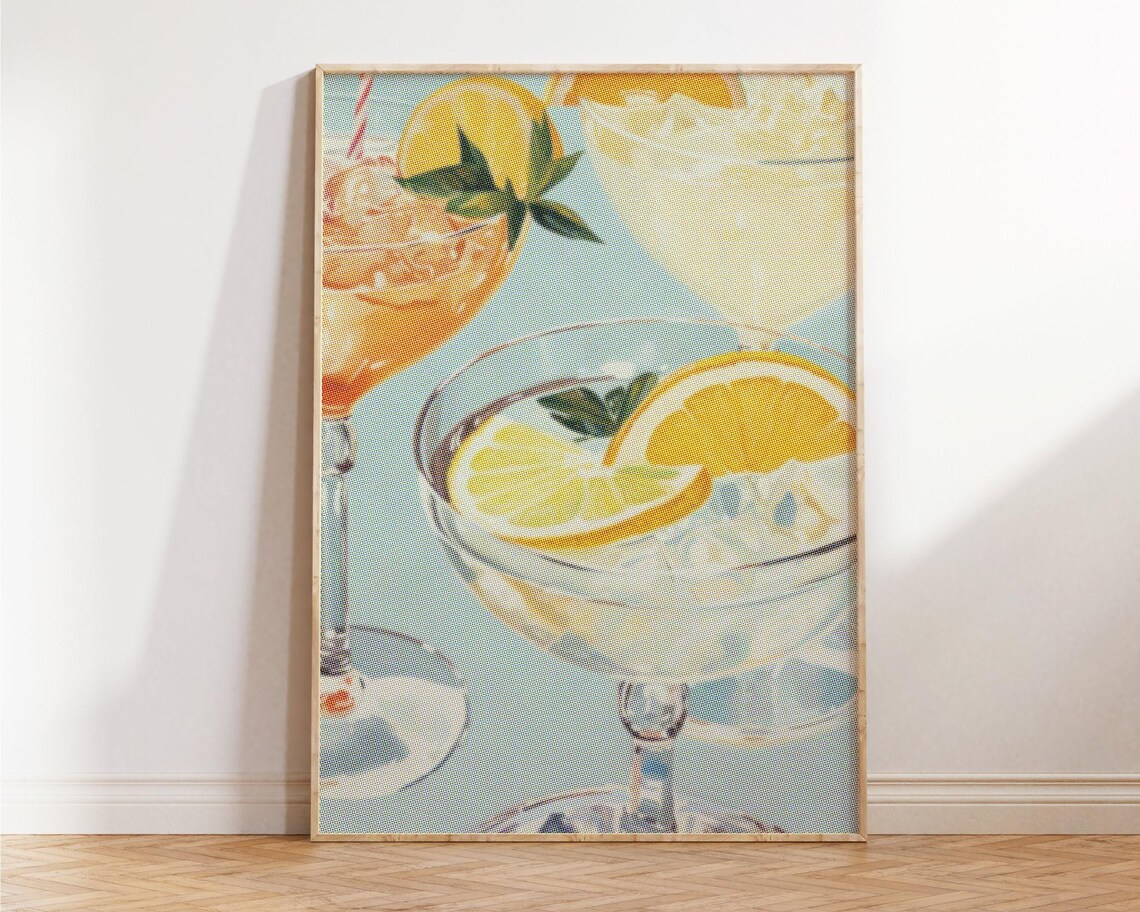 Citrus Cocktail Glasses Lemon Orange Slice Blue Retro Bar Poster