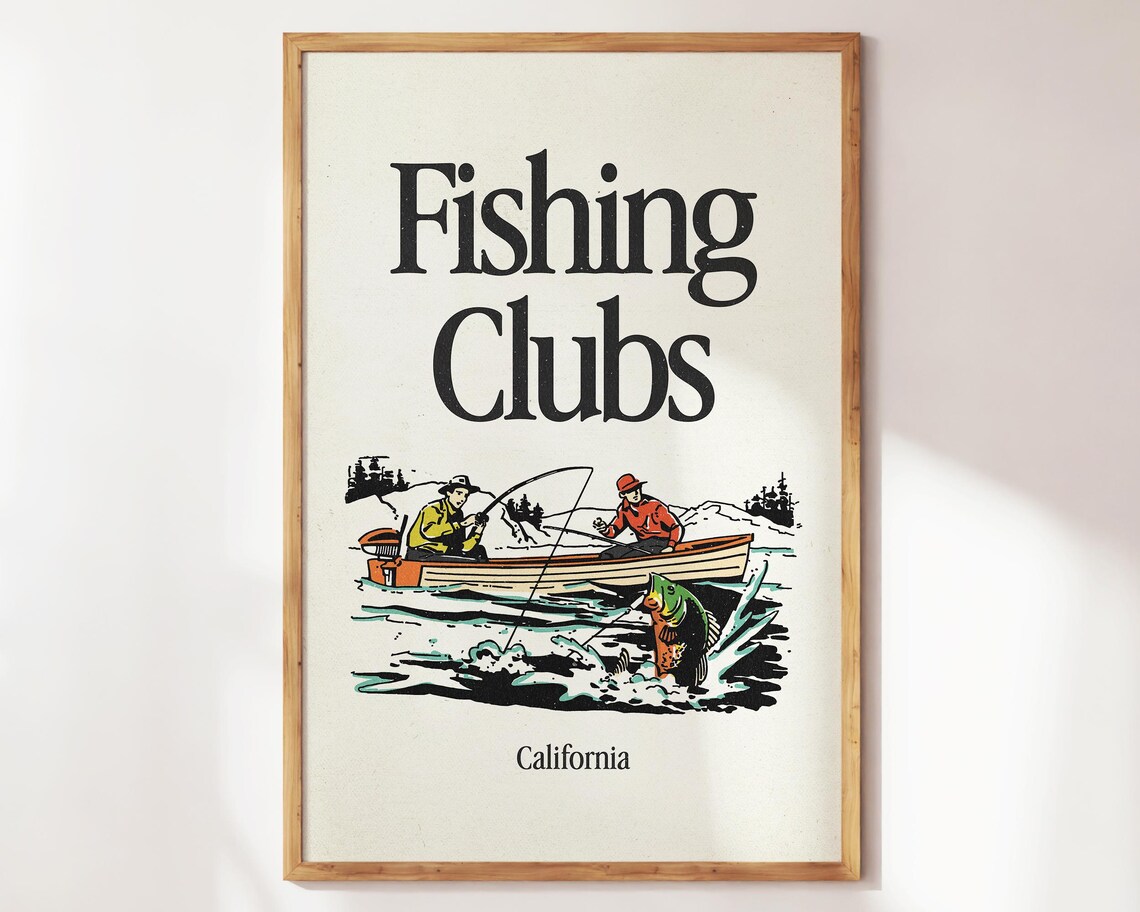 Fishing Clubs California Retro Anglers Boat Cream Vintage Wall Poster