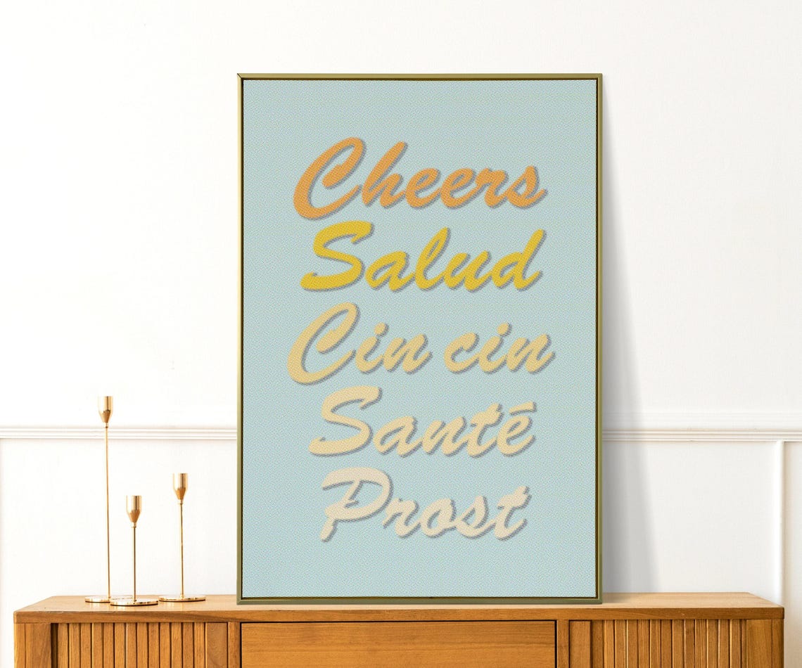 Cheers In Five Languages Retro Bar Cart Typography Poster For Bars