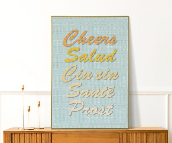 Blue Kitchen Print Retro Cheers Typography Art For Vintage Home Decor And Bar Cart Food Drink Wall Birthday Gifts