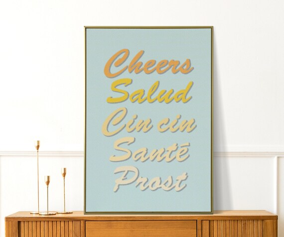 Cheers In Five Languages Retro Bar Cart Typography Poster For Bars