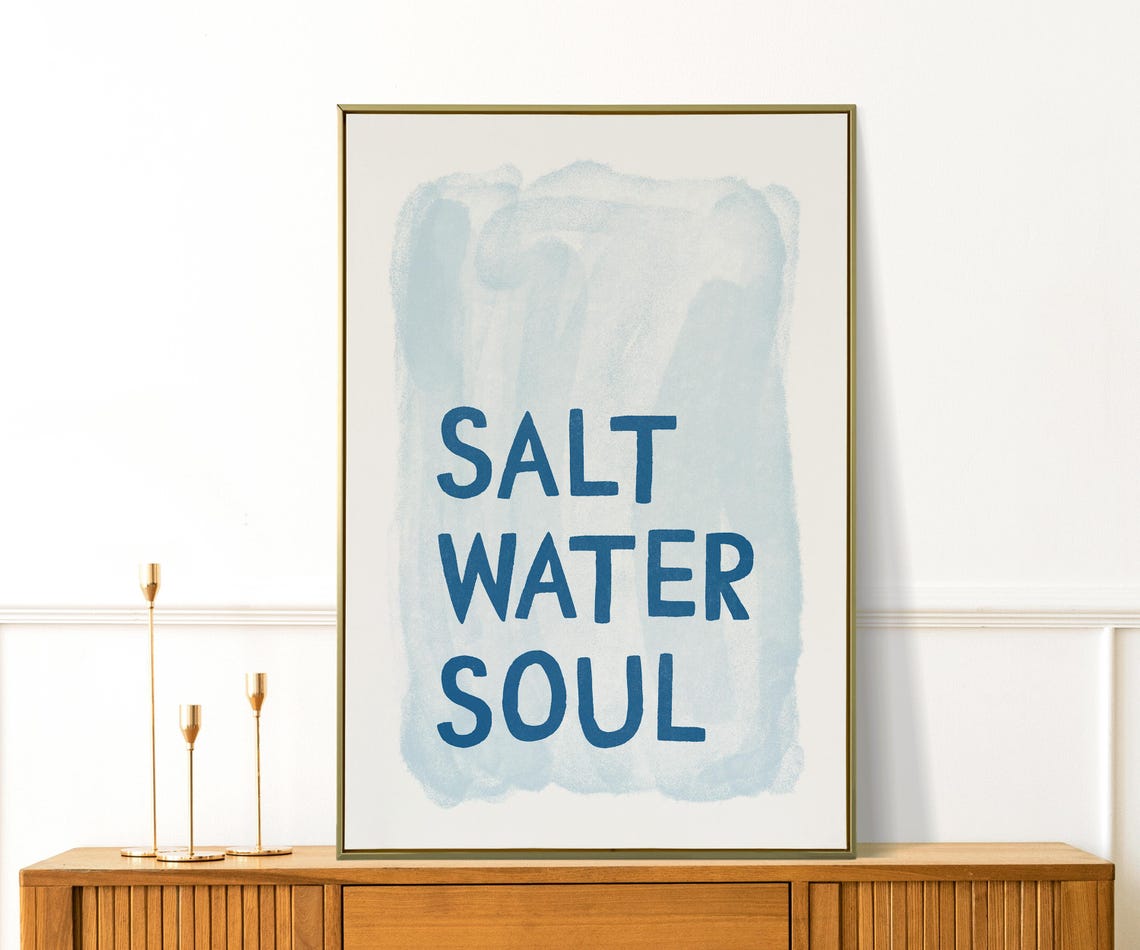 Salt Water Soul Blue Watercolor Coastal Quote Beach Wall Art