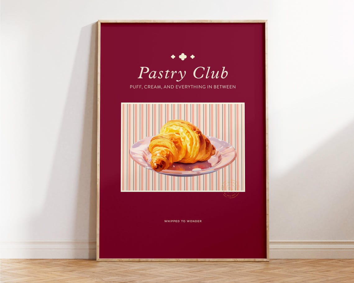 Pastry Club Golden Croissant Retro Burgundy Bakery Wall Poster