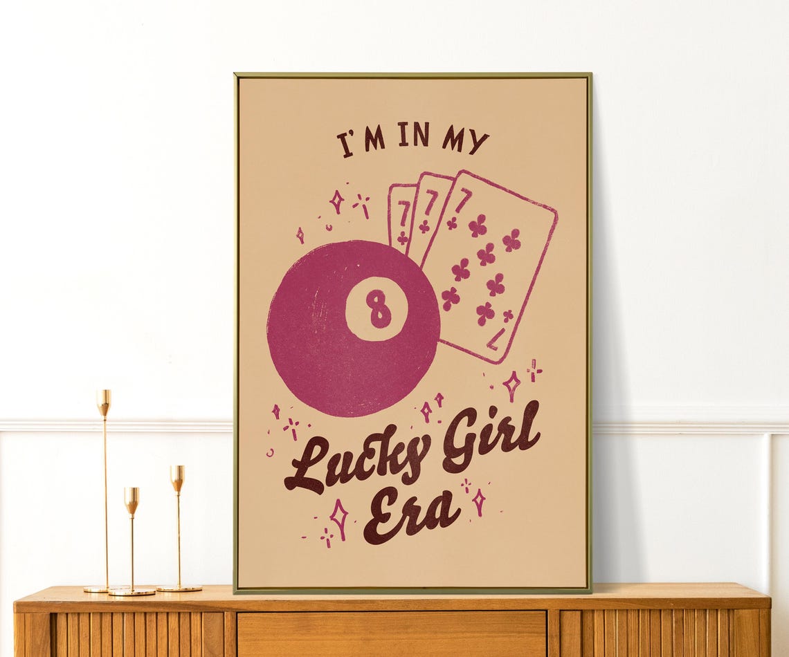Lucky Girl Era Magic 8 Ball Playing Cards Retro Affirmation Poster