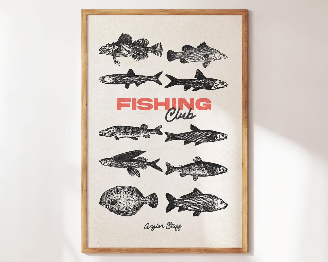 Fishing Club Angler Stuff Vintage Fish Illustrations Retro Poster