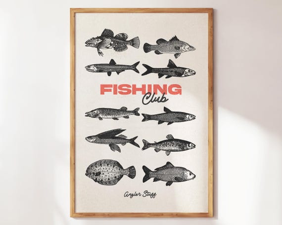 Retro Fishing Club Poster Fisherman Wall Art Gift For Or Enthusiast Vintage Angler Home Sign