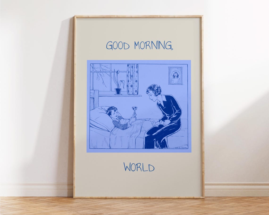 Good Morning World Retro Vintage Blue Illustration Art Poster