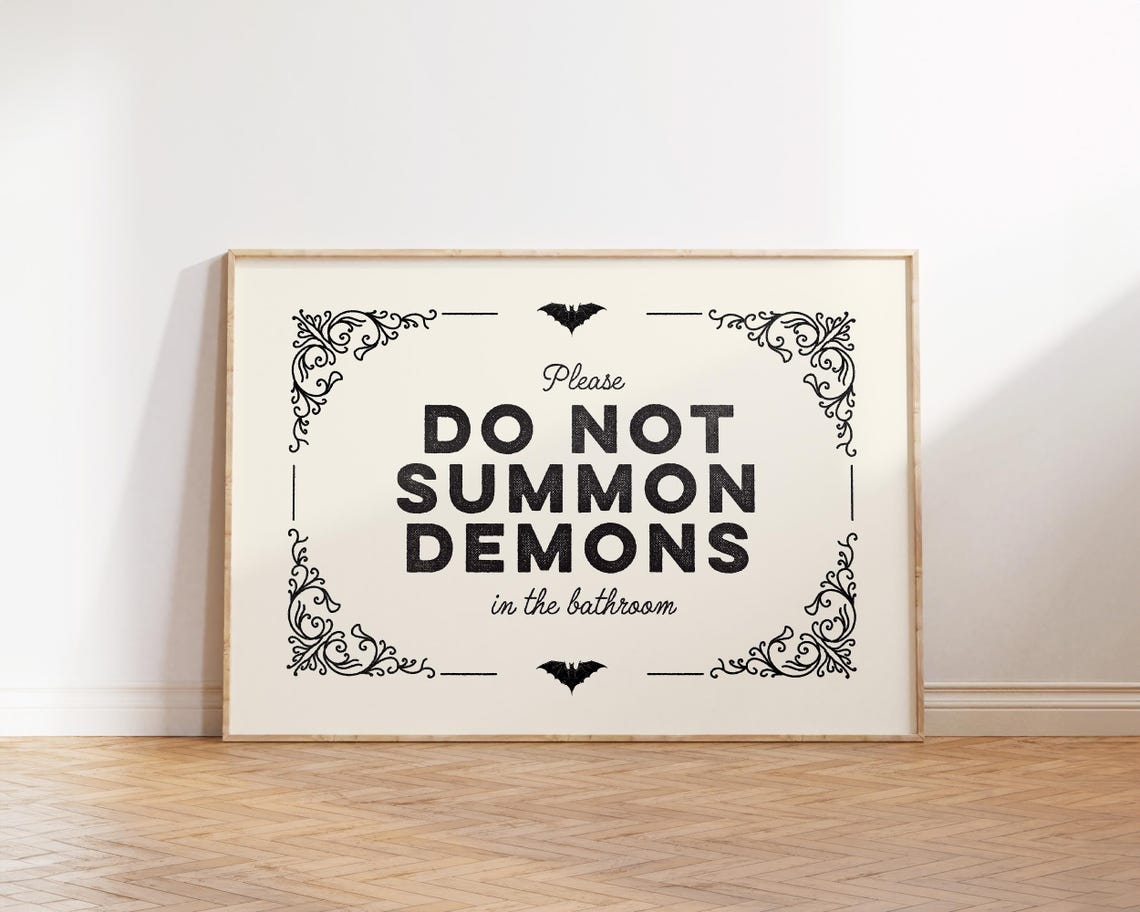 Do Not Summon Demons In This Bathroom Prints Retro Art Whimsical Decor Funny Wall Halloween
