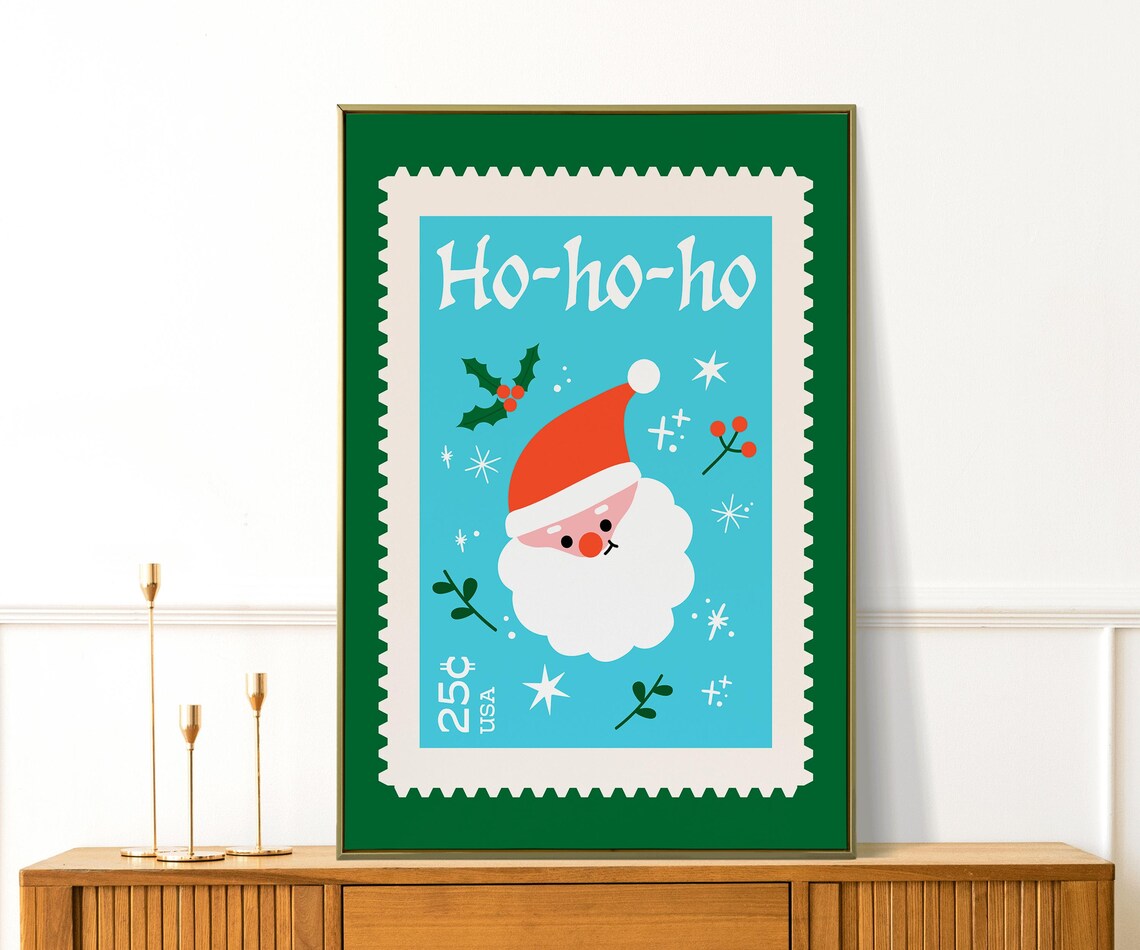 Santa Claus Postage Stamp Style Christmas Poster Ho Ho Ho Blue
