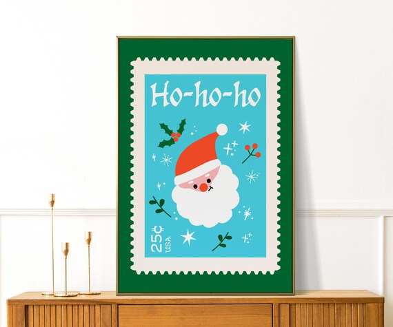 Santa Claus Postage Stamp Style Christmas Poster Ho Ho Ho Blue