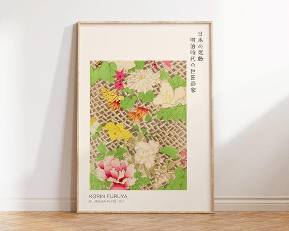 Japanese Vintage Flower Print By Korin Furuya Large Abstract Wall Art Painting For Living Room Office Decor Japandi And Wabi Sabi