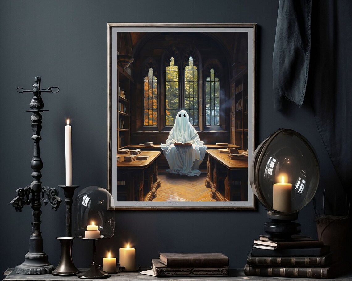 Cute Little Ghost Reading A Book In A Dark Gothic Library Print - Image 4
