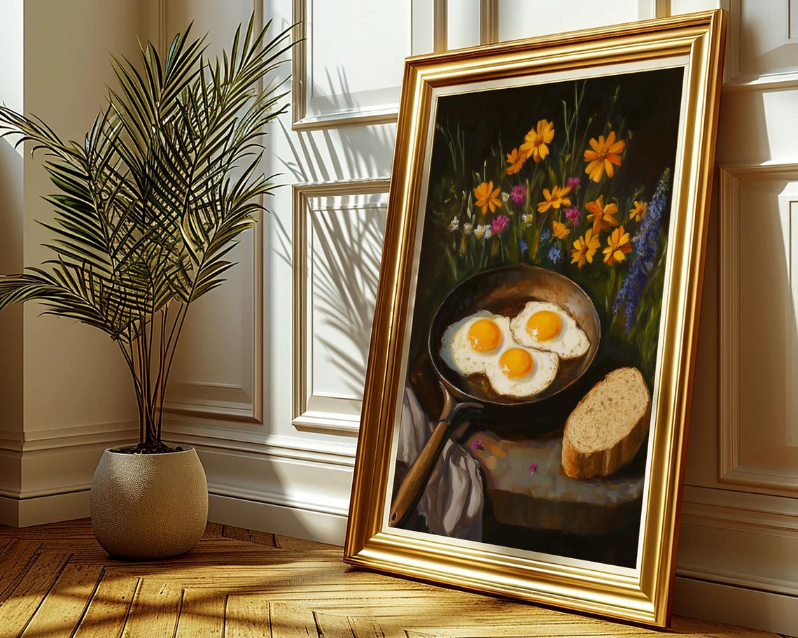 Fried Egg Whimsical Kitchen Wall Art Fun Breakfast Art Print Moody Eggs Sourdough Funny Still Life Painting Dark Food Prints - Image 3