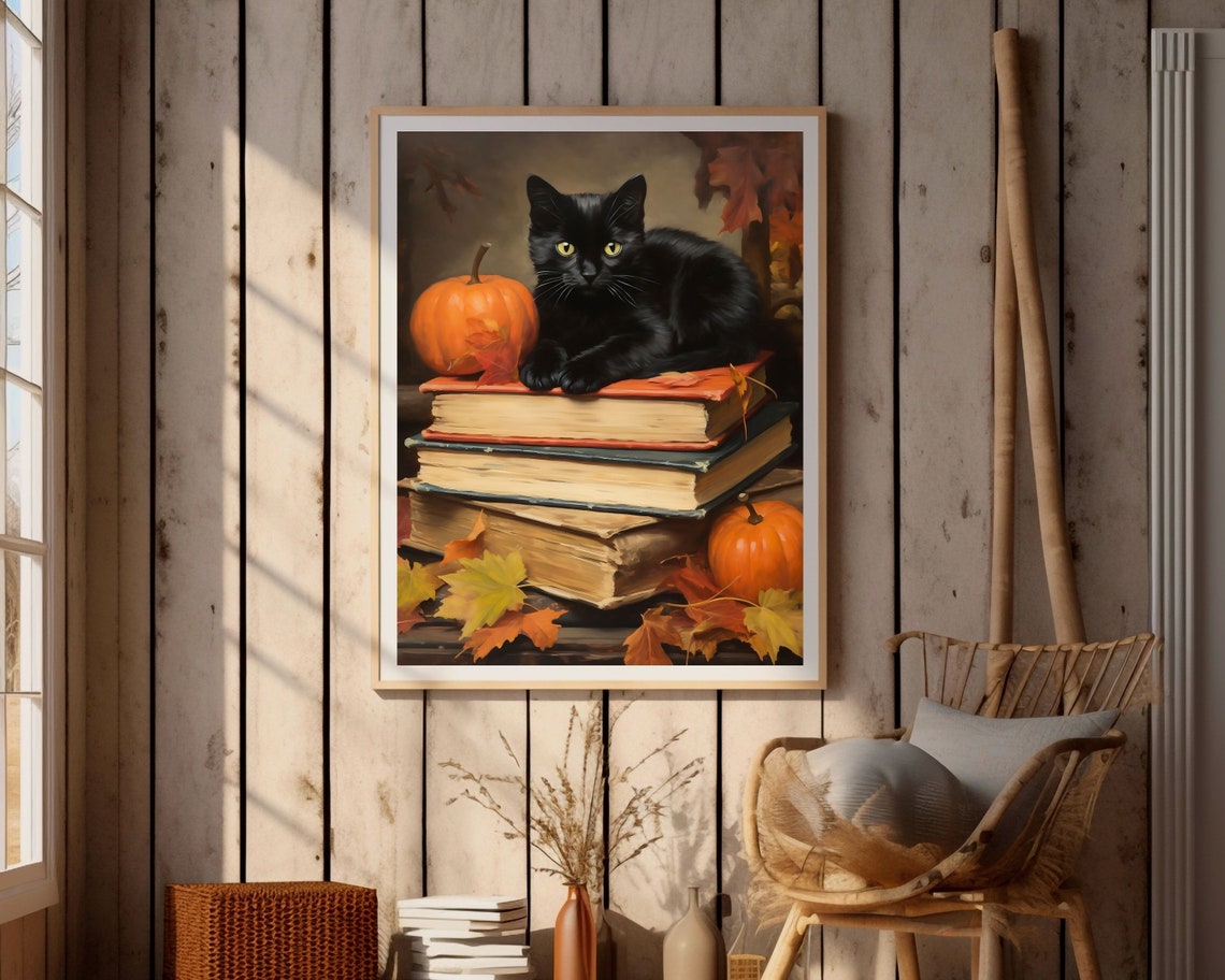 Black Cat on Books, Vintage Halloween Poster Print - Image 4
