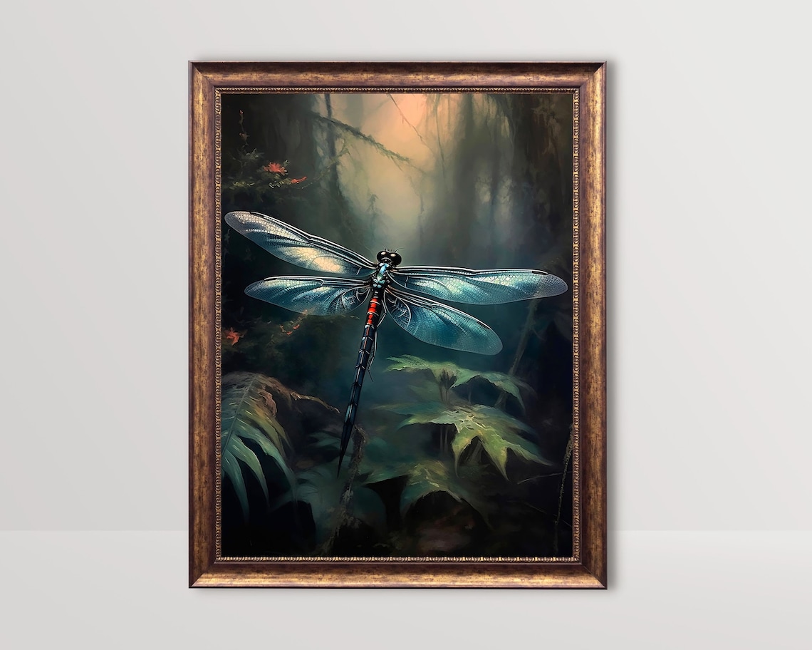 Black Dragonfly Botanical Oil-Painting-Style Print