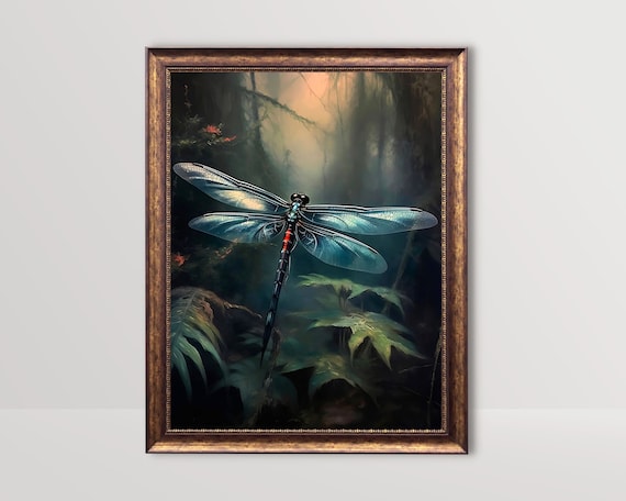 Black Dragonfly Botanical Oil-Painting-Style Print