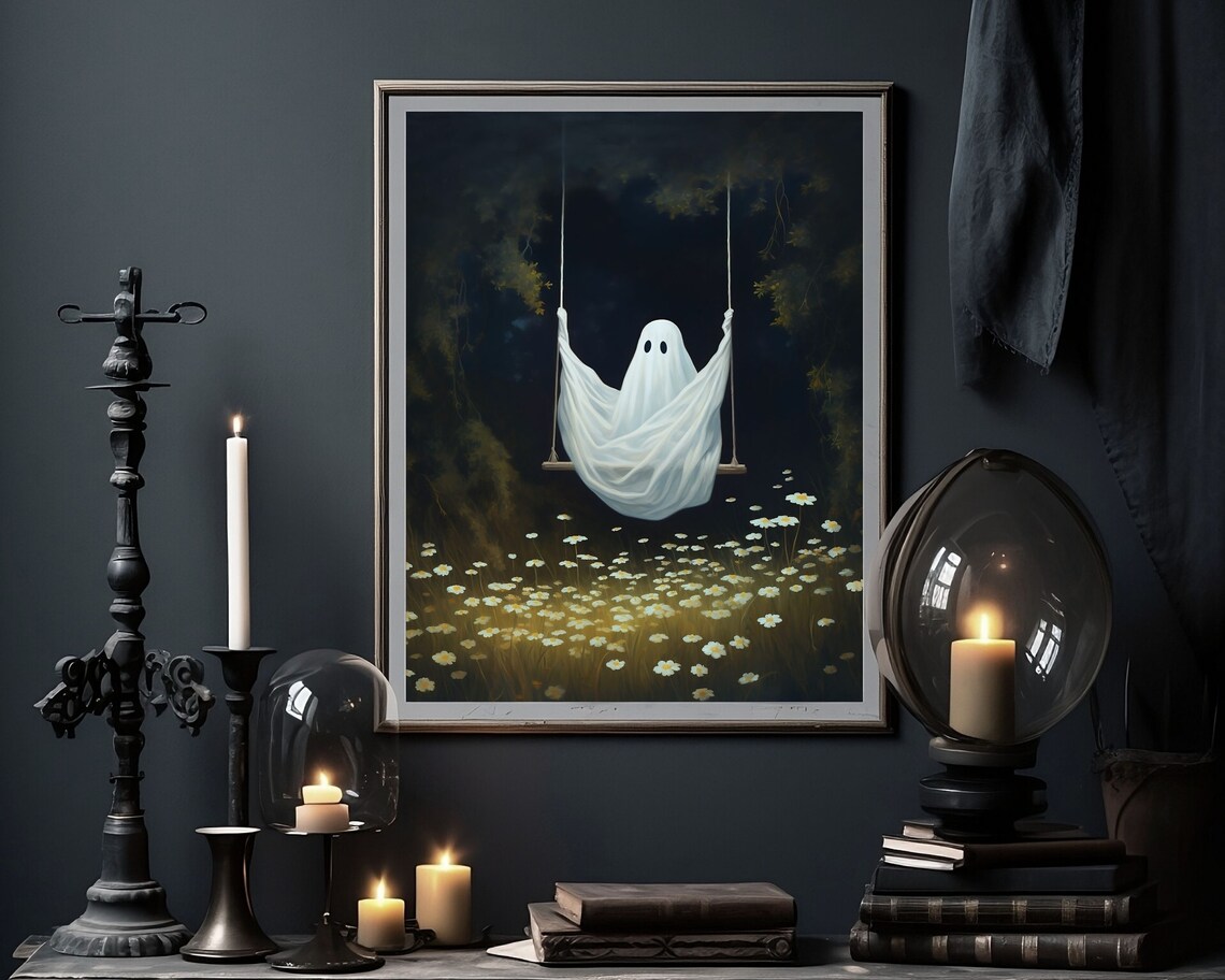 Ghost on Swing, Dark Cottagecore Spooky Art Print - Image 4