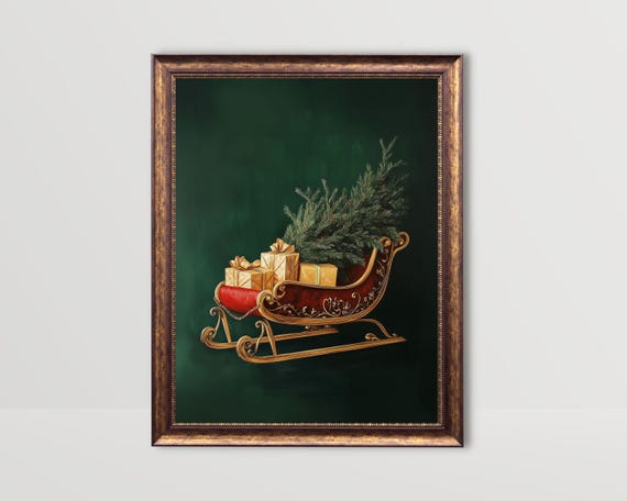 Seigh Dark Green Wall Art Moody Christmas Print Vintage Sled Sleig Painting Evergreen Pine Tree Print Holiday Decor Festive Xmas