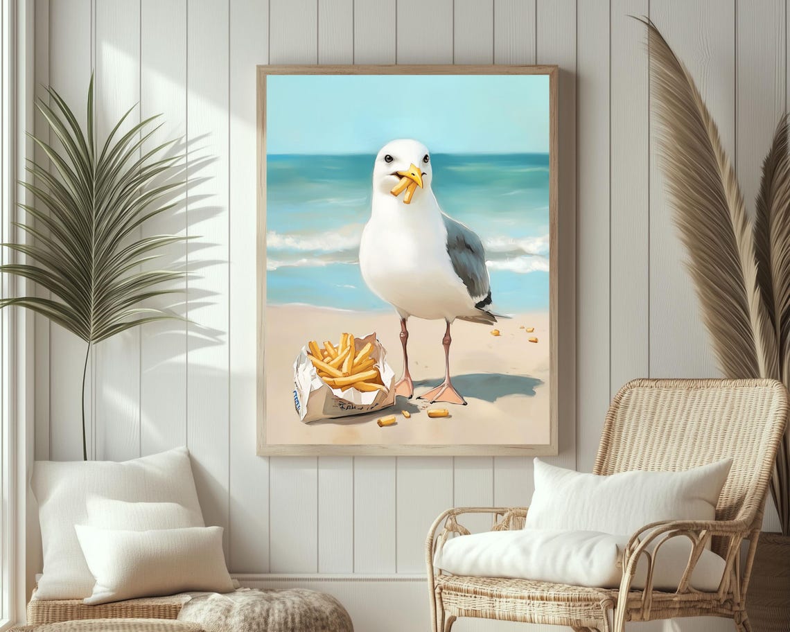 Seagull French Fries Beach Wall Art Cute Coastal Kitchen Decor Funny Food Prints Seaside Art Fun Snack Print French Fry Painting - Image 2