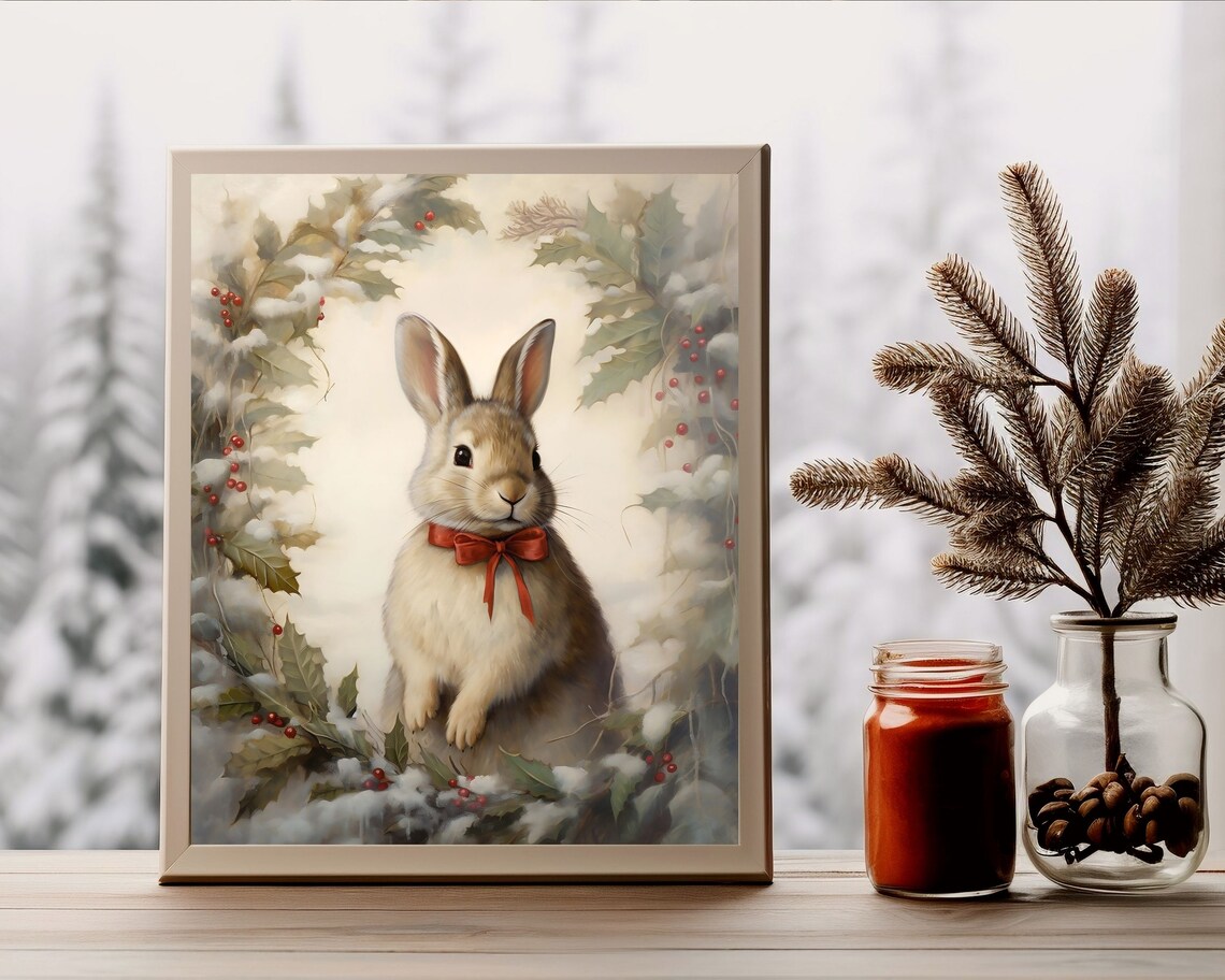 Vintage Winter Rabbit Snowy Forest Art Print - Image 3