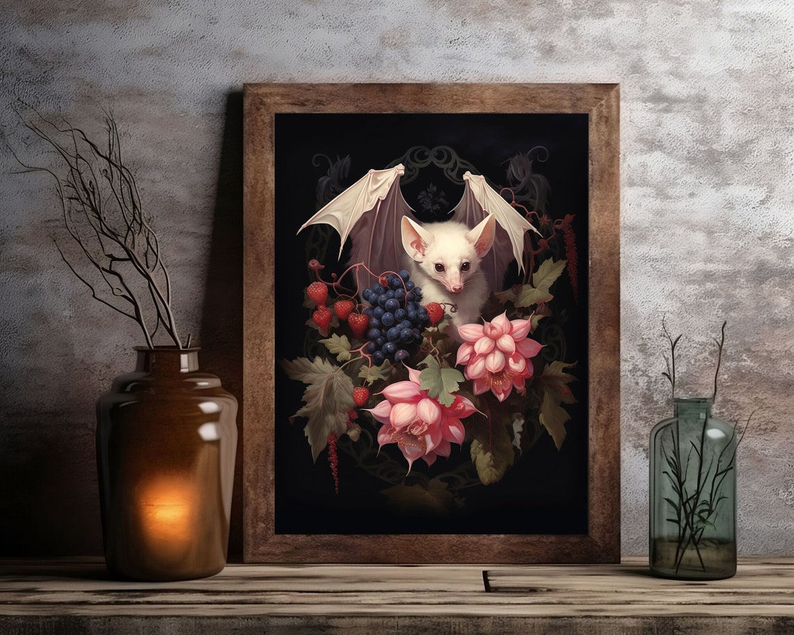 Albino Fruit Bat Gothic Floral Vintage Art Print - Image 3