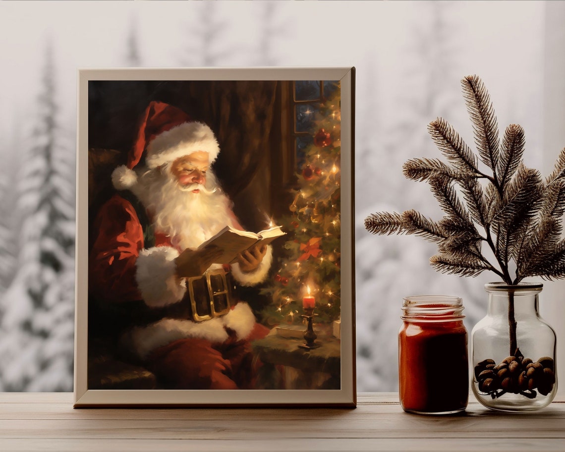 Santa Reading Book Vintage Christmas Art Print - Image 2