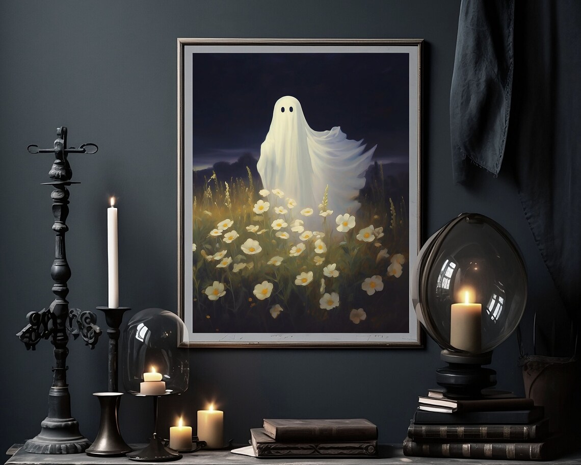 Cute White Ghost Standing Alone In A Night Flower Meadow Poster - Image 4