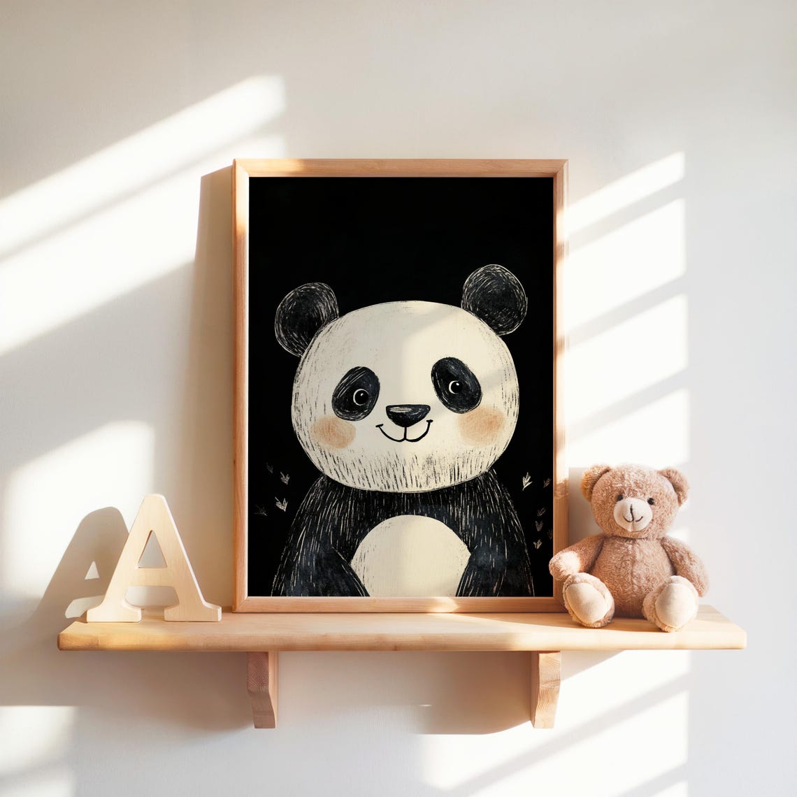 Cute Panda Bear Nursery Illustration Black Background Poster