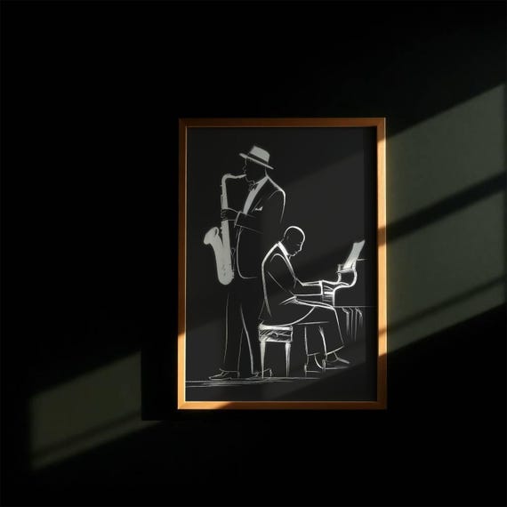 Wall Art Jazz Music Print Saxophone Piano Player Drawing Band Poster Room Decor Musician Gift