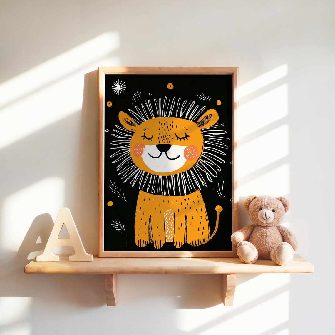 Smiling Lion Cute Kids Nursery Safari Animal Illustration Wall Art