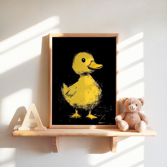 Yellow Duck Print Nursery Art Kids Room Decor Animal Illustration Wall