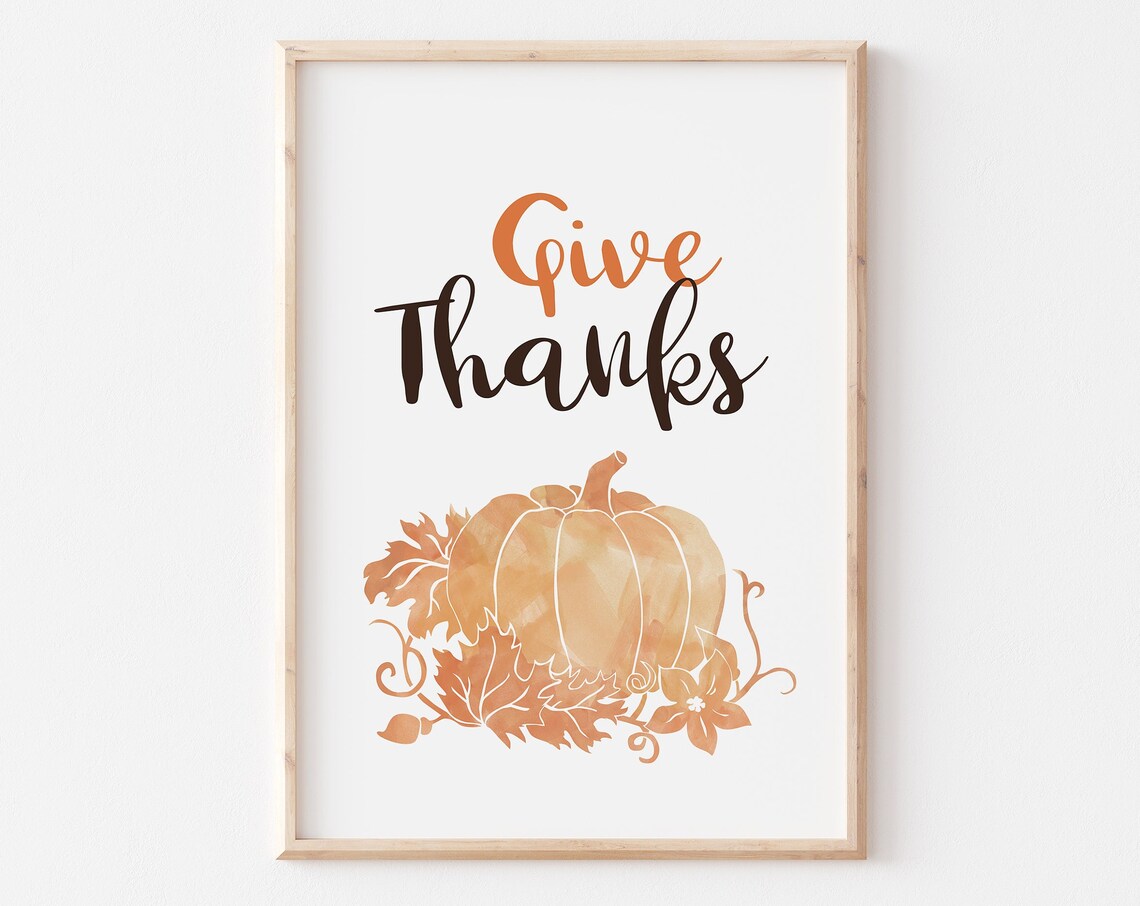 Give Thanks Pumpkin Watercolor Fall Leaves Thanksgiving Wall Art