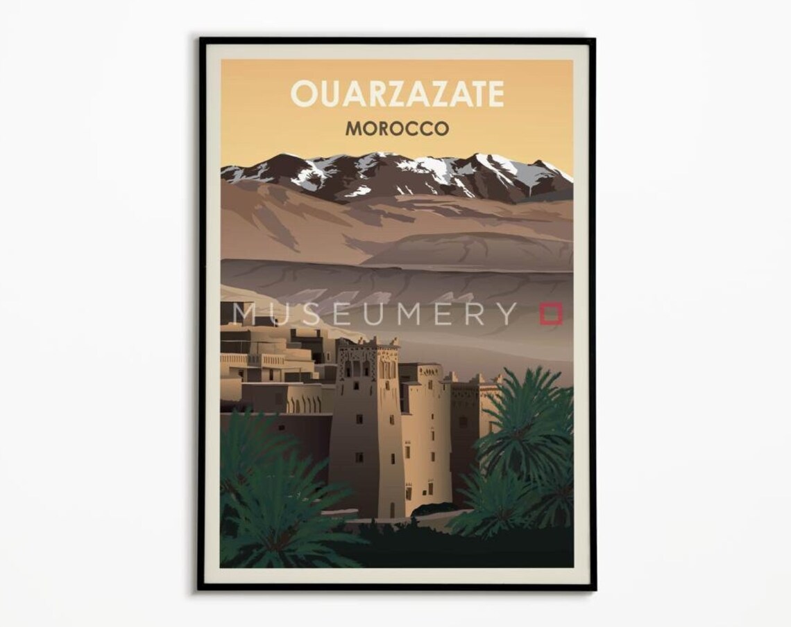 Ouarzazate Morocco Vintage Travel Poster Golden Sunrise Kasbah