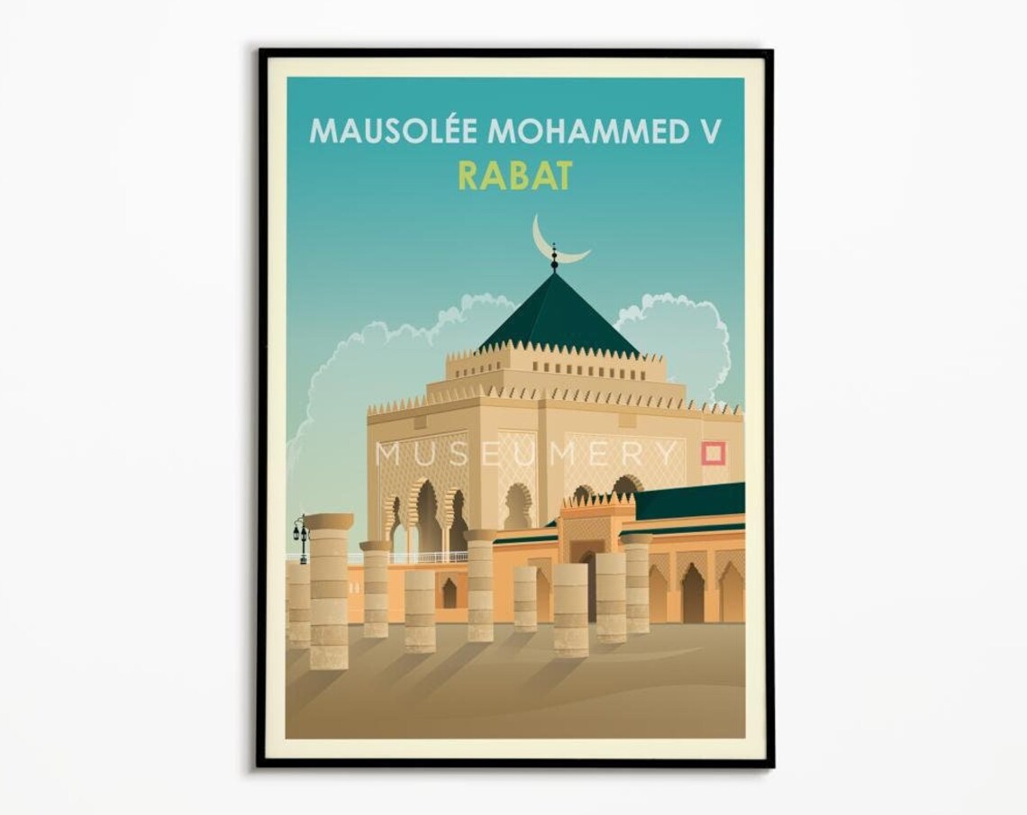 Rabat Morocco Mausolee Mohammed V Vintage Travel Poster Sunset