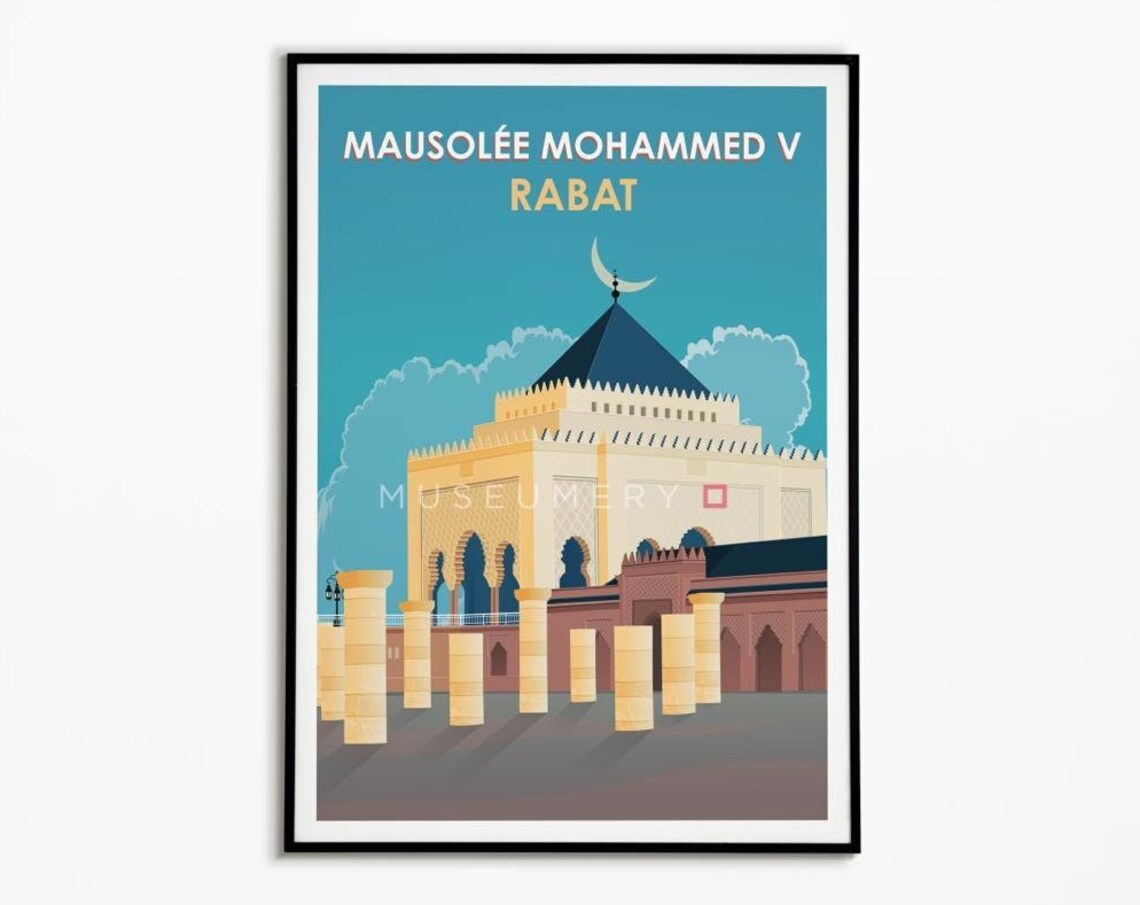 Mausolee Mohammed V Rabat Morocco Vintage Travel Poster Columns