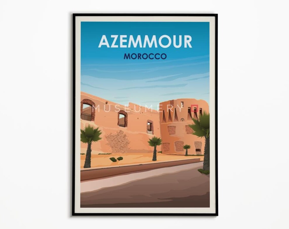 Azemmour Morocco Vintage Travel Poster Sunset Warm Old Town Art