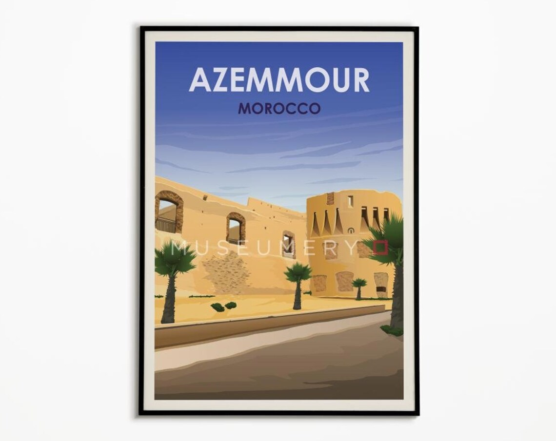 Azemmour Morocco Vintage Travel Poster Daytime Old Town Ruins