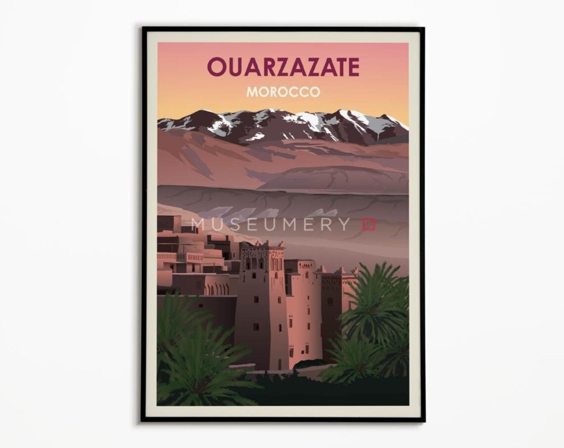Ouarzazate Morocco Vintage Travel Poster Pink Kasbah Mountains