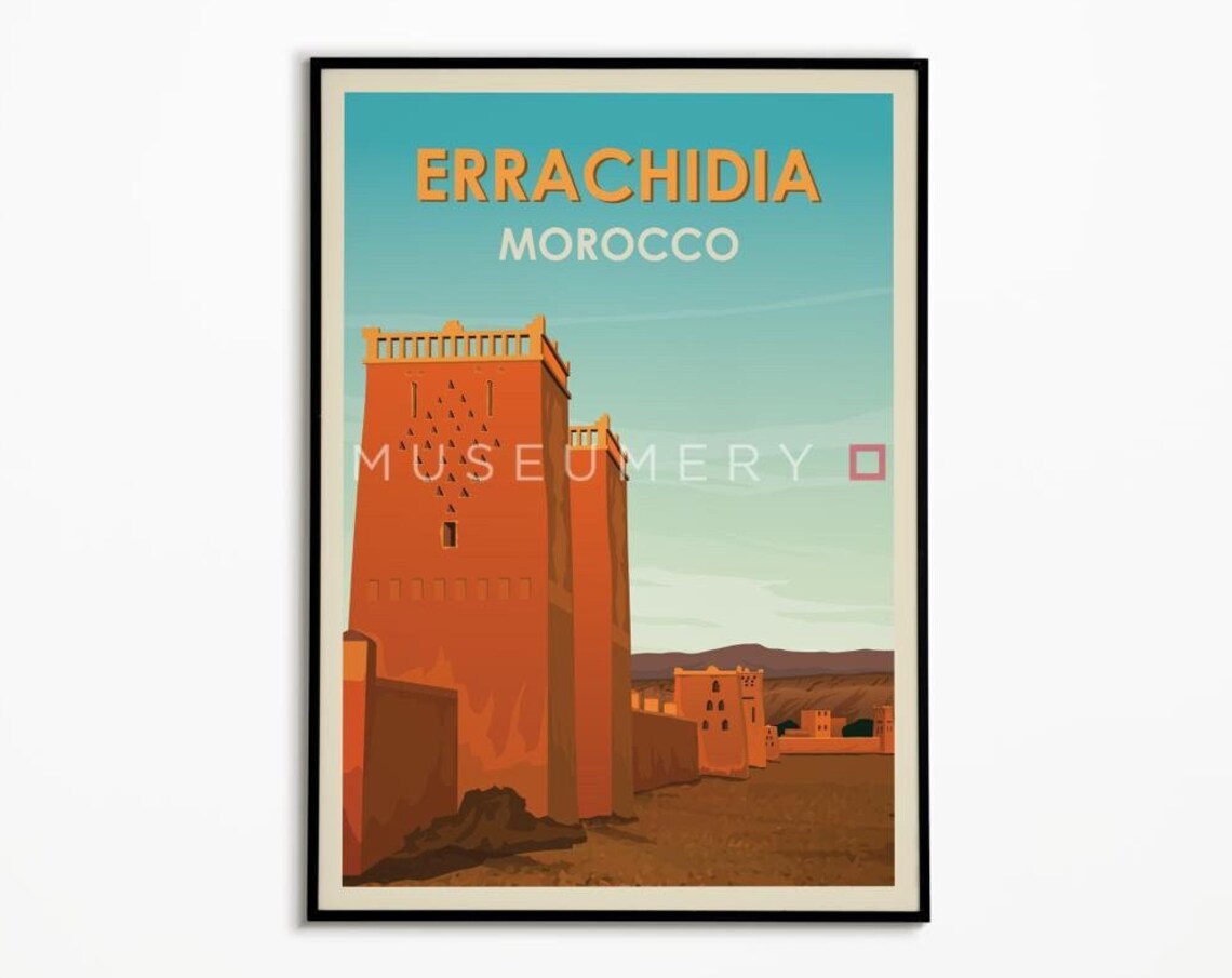 Errachidia Morocco Vintage Travel Poster Desert Kasbah Tower