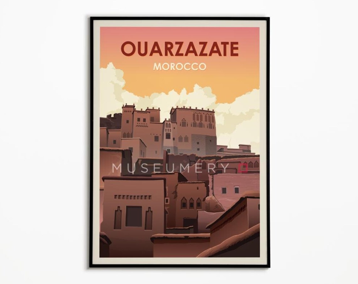 Ouarzazate Morocco Vintage Travel Poster Orange Kasbah Sunset Art