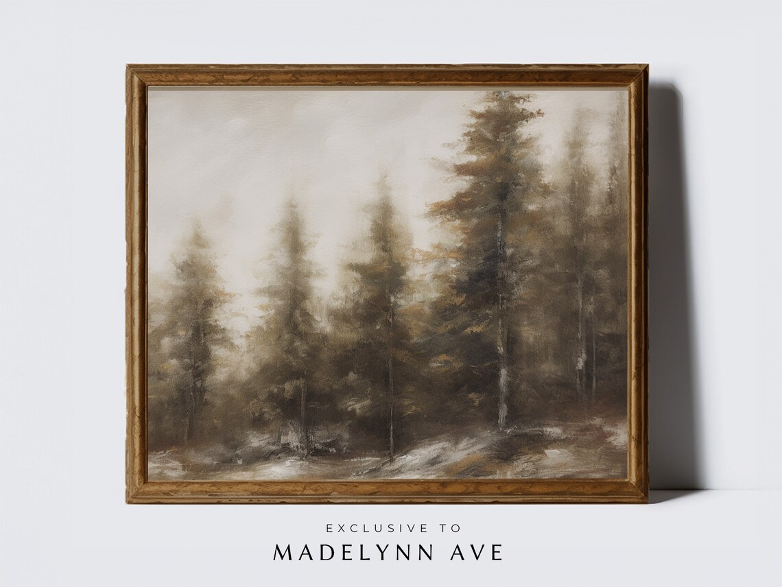 Pine Trees, Oil-Painting-Style Mountain Art Print