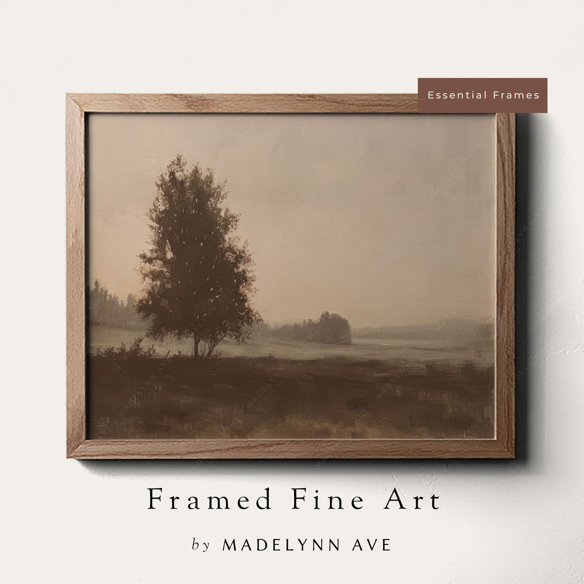 Lone Tree Misty Field Soft Sepia Landscape Vintage Art Poster