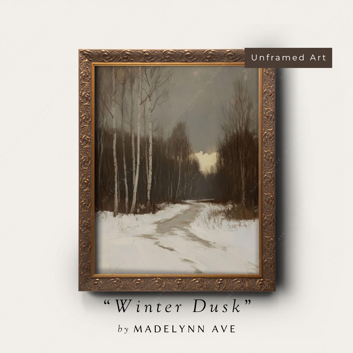 Snowy Winter Path, Neutral Christmas Forest Art Print