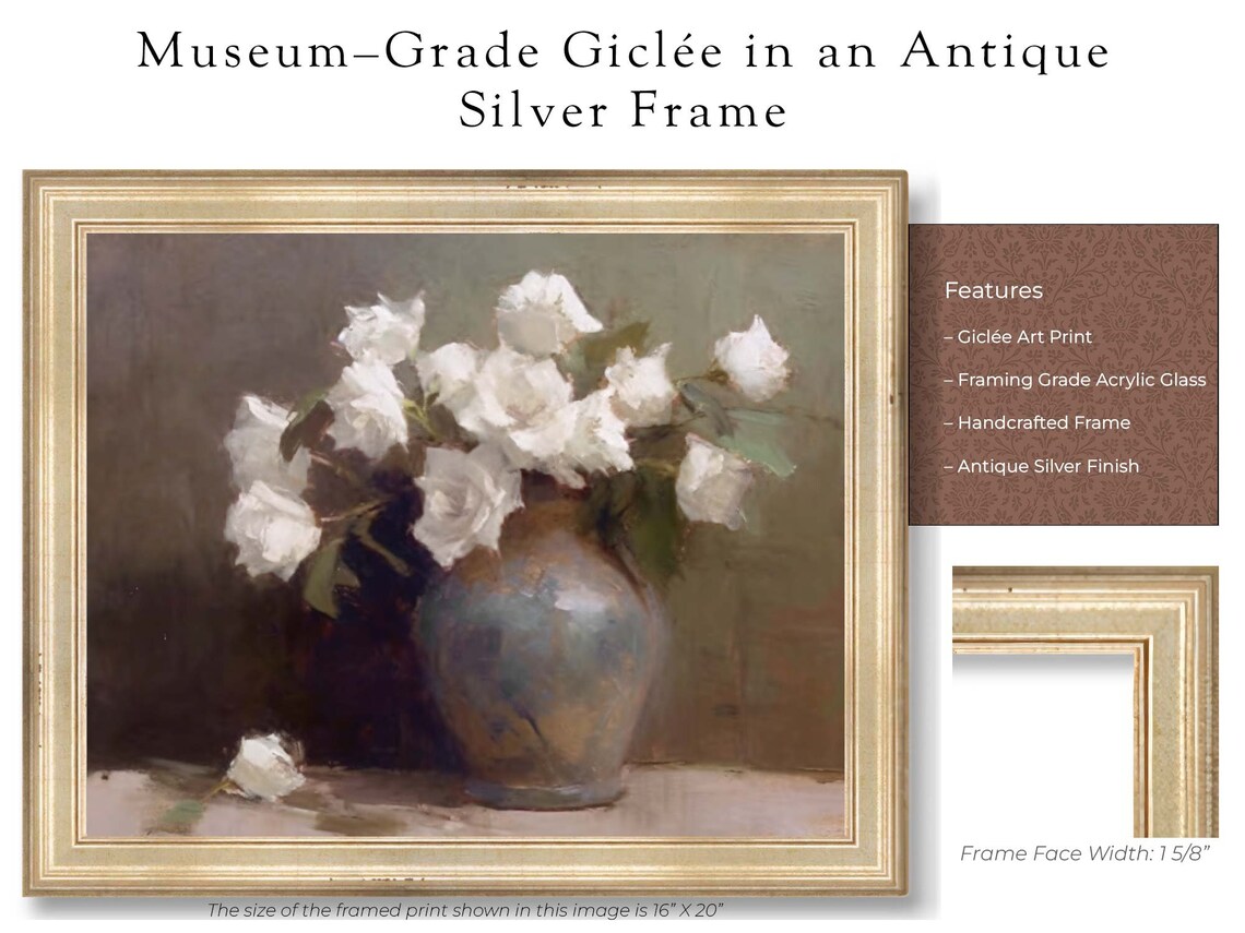 White Roses In A Vintage Vase Moody Floral Oil Painting Poster - Image 2